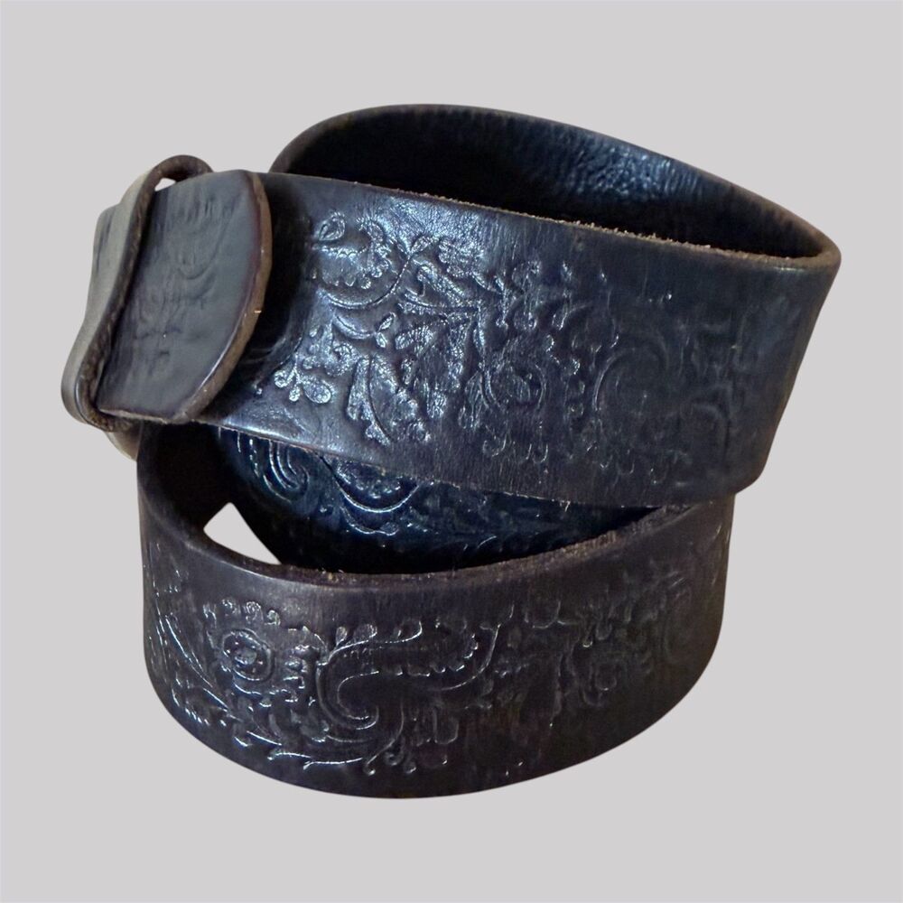 Fossil Tooled Leather Belt Womens M 1.5" Black Western Paisley D-Ring Buckle